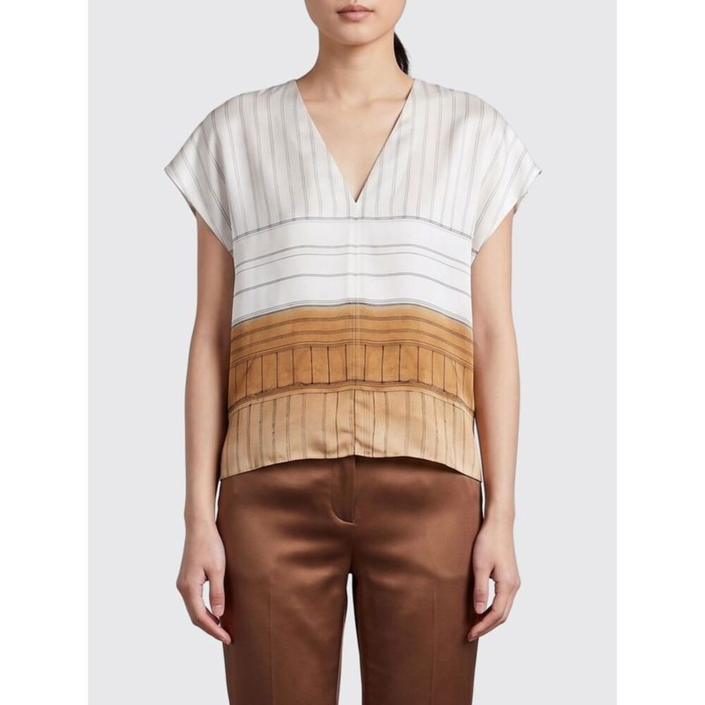 Alysi Women Alysi Striped Silk Blouse With V-Neck And Short Sleeves